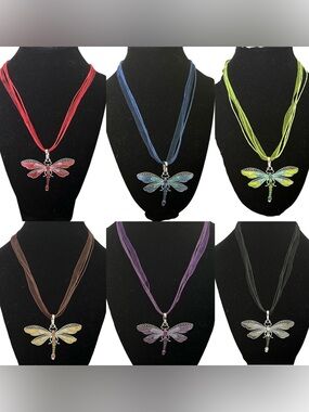 Colorful Enamel Dragonfly Pendant Matching Multi-layer Ribbon & Faux Leather New